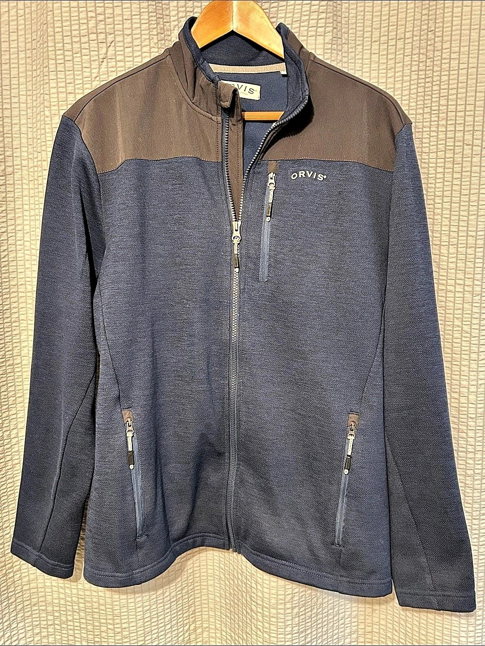 Orvis Men's Full Zip lightweight Fleece Jacket Blue & Gray Medium